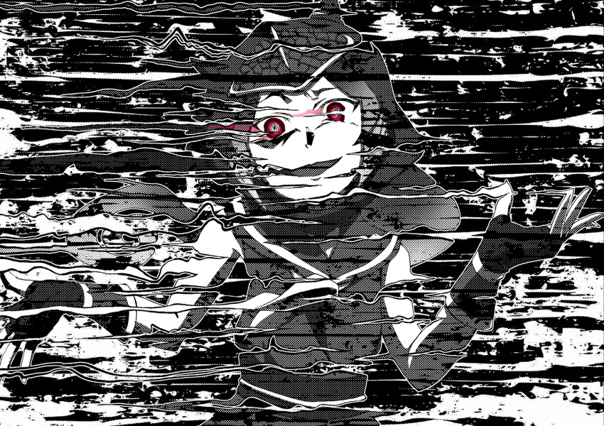 @_@ blurry_vision commentary crazy_eyes crazy_smile gloves greyscale halftone hood kaya_(nari1-24) kemono_friends looking_at_viewer monochrome open_mouth outstretched_arms panther_chameleon_(kemono_friends) red_eyes shirt short_hair sleeveless sleeveless_shirt smile solo spot_color spread_arms standing upper_body