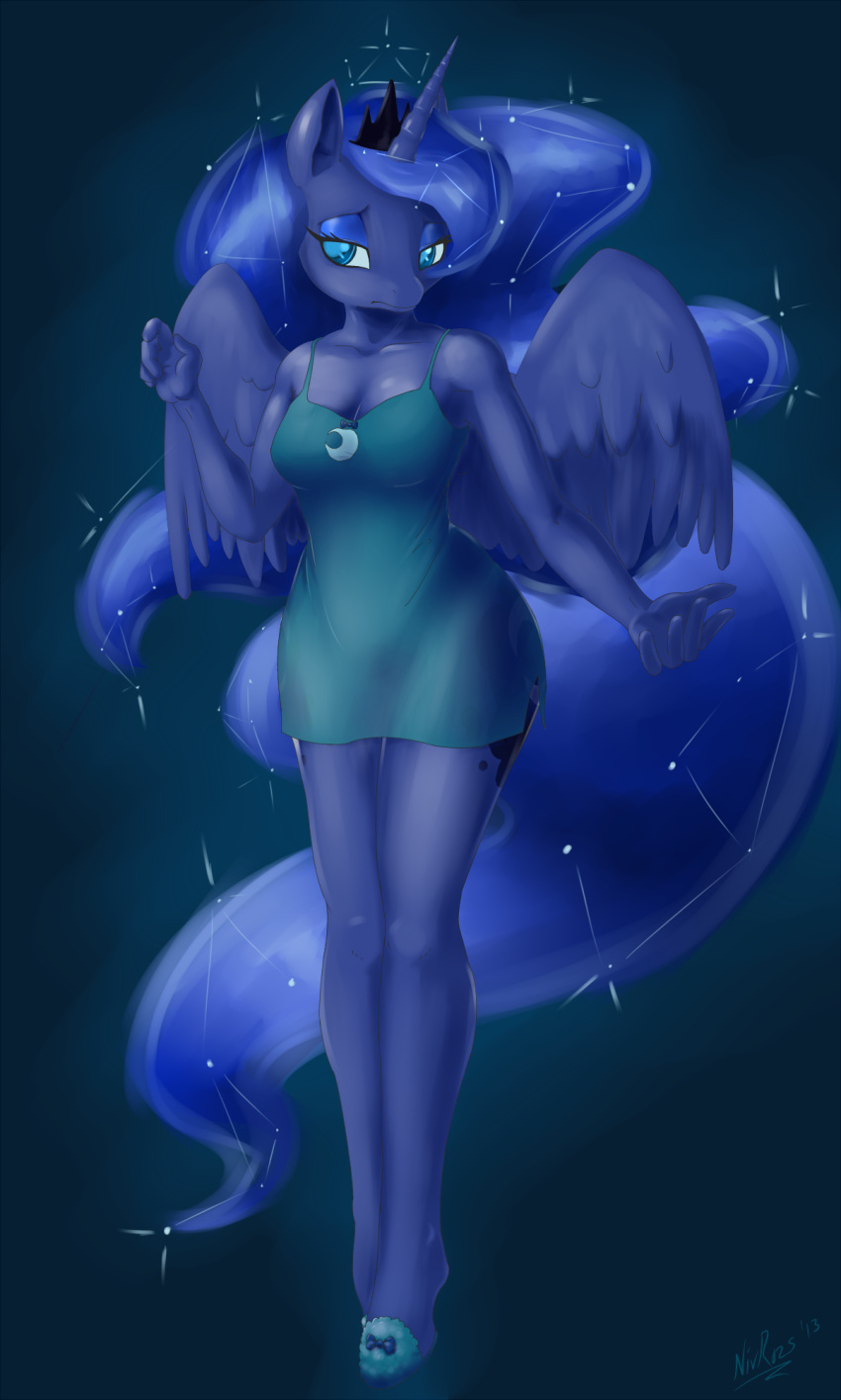 2013 anthro anthrofied blue_feathers blue_hair clothing constellation crown cutie_mark dress equine feathered_wings feathers female friendship_is_magic hair hi_res horn long_hair mammal my_little_pony nivrozs princess princess_luna_(mlp) royalty solo teal_eyes winged_unicorn wings
