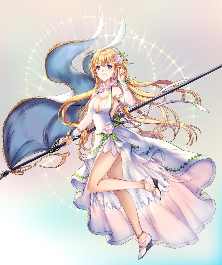 :d alternate_costume backless_outfit banner blonde_hair blue_eyes blush breasts cleavage commentary detached_sleeves dress fate/apocrypha fate/grand_order fate_(series) flagpole flower hair_flower hair_ornament highres jeanne_d'arc_(fate) jeanne_d'arc_(fate)_(all) large_breasts long_dress long_hair looking_at_viewer mabinogi open_mouth parnasso pink_dress platform_footwear platform_heels smile solo