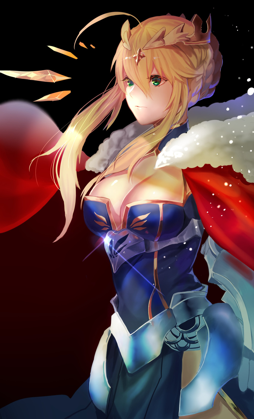 absurdres ahoge armor artoria_pendragon_(all) artoria_pendragon_(lancer) blonde_hair blue_dress braid breasts cape cleavage closed_mouth commentary_request crown dress fate/grand_order fate_(series) faulds french_braid fur-trimmed_cape fur_trim gauntlets green_eyes hair_between_eyes highres large_breasts red_cape sakupannda06o sidelocks
