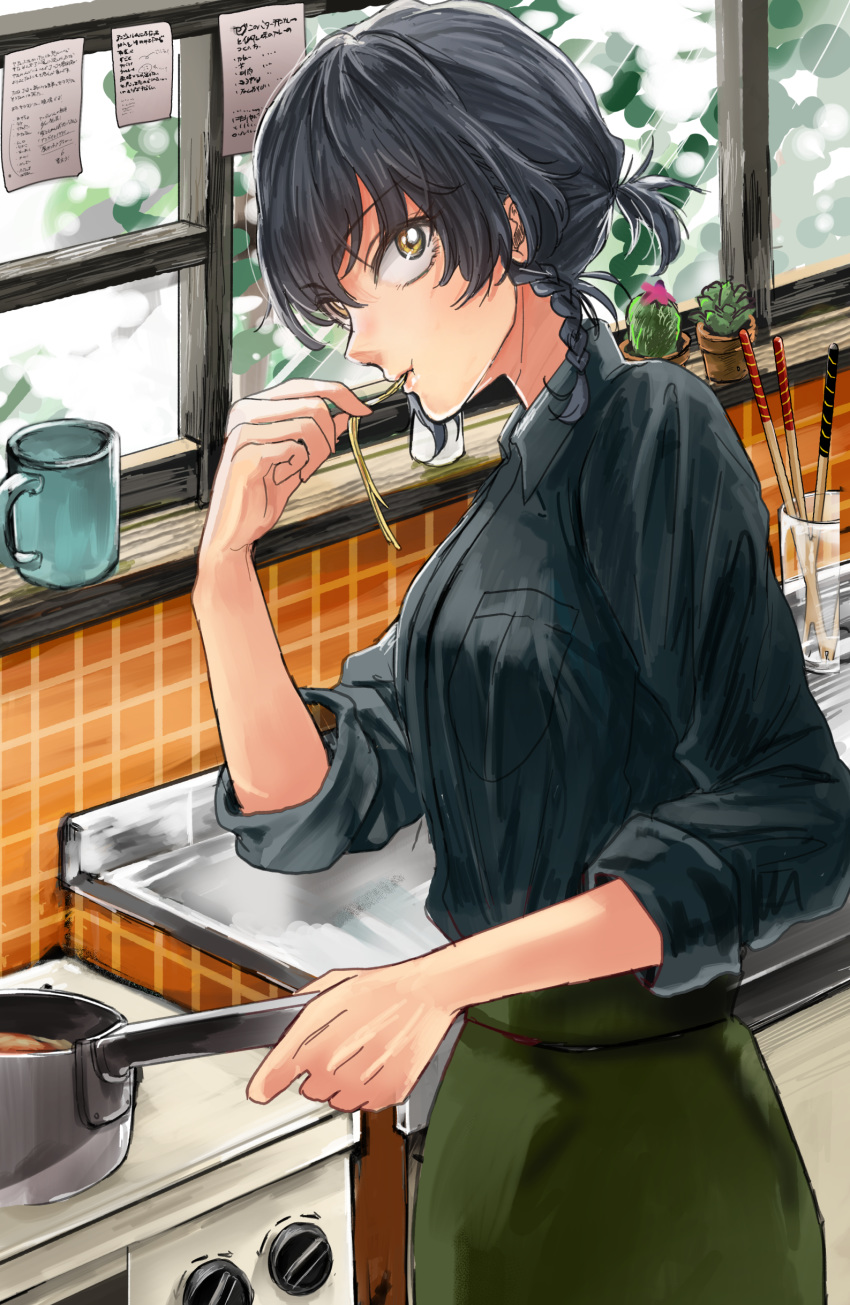 absurdres anzio_military_uniform bangs black_hair black_shirt braid brown_eyes cactus closed_mouth commentary container cooking cup day dress_shirt eating eyebrows_visible_through_hair food girls_und_panzer grey_skirt hair_tie hair_up highres holding indoors kani_aruki_(bucket_crawl) kitchen long_sleeves looking_at_viewer looking_back military military_uniform mug pasta pencil_skirt pepperoni_(girls_und_panzer) pot shirt short_hair side_braid skirt sleeves_rolled_up solo standing tiles translation_request uniform upper_body window
