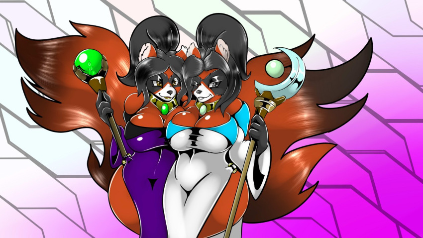 2017 abstract_background anthro big_breasts big_tail black_fur black_hair black_nose breasts brown_eyes cleavage clothed clothing digital_media_(artwork) duo female fur gradient_background grey_eyes hair holding_object holding_staff inner_ear_fluff kitt_kitten looking_at_viewer mammal multicolored_clothing one_eye_closed orange_breasts orange_ears orange_fur orange_tail purple_clothing red_panda simple_background smile two_tone_clothing white_clothing wink