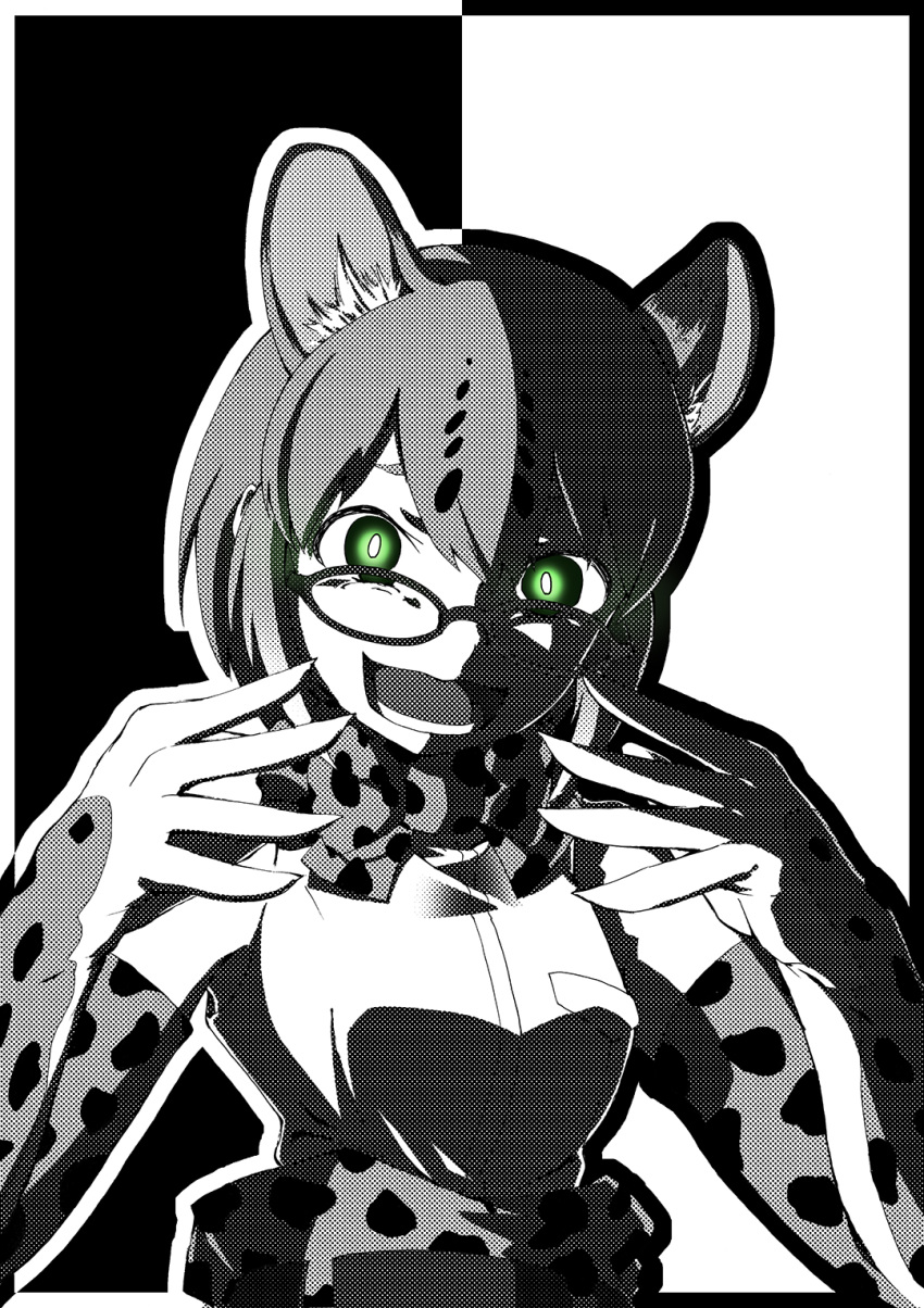 animal_ears bangs bow bowtie cat_ears commentary crazy_eyes crazy_smile elbow_gloves glasses gloves green_eyes greyscale halftone high-waist_skirt highres kaya_(nari1-24) kemono_friends looking_at_viewer margay_(kemono_friends) margay_print monochrome open_mouth print_gloves print_neckwear shirt short_hair skirt sleeveless sleeveless_shirt solo spot_color standing upper_body