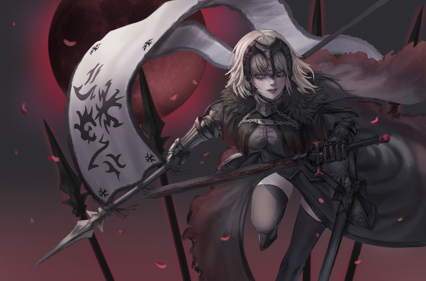 armor armored_dress bad_artstation_id bad_id black_dress black_footwear breasts chain charging dress fate/grand_order fate_(series) faulds feet_out_of_frame flag fur_trim gauntlets gold_can headpiece highres holding holding_flag holding_sword holding_weapon jeanne_d'arc_(alter)_(fate) jeanne_d'arc_(fate)_(all) large_breasts plackart running silver_hair sword thighhighs thighs weapon yellow_eyes
