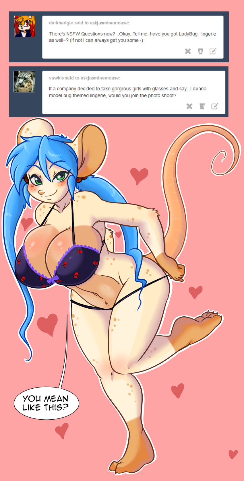 anthro big_breasts blue_hair blush breasts clothed clothing female freckles fur green_eyes hair hi_res huge_breasts jasmine_(skidd) lingerie long_hair mammal mouse rodent skidd smile solo thick_thighs underwear white_fur wide_hips