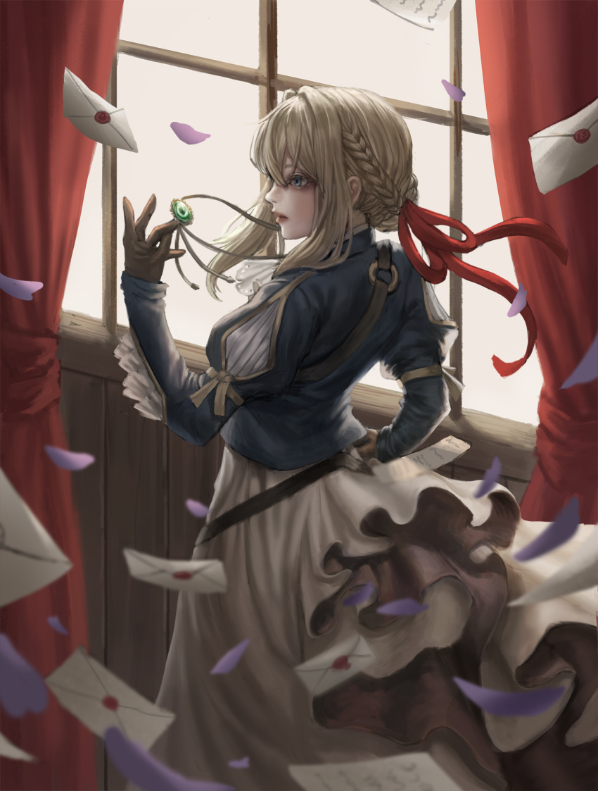 blonde_hair blue_jacket braid brooch brown_gloves commentary_request curtains envelope from_behind gloves gold_can hair_between_eyes hair_intakes hair_ribbon hand_on_hip hand_up highres indoors jacket jewelry letter looking_to_the_side necklace petals pink_lips red_ribbon ribbon skirt violet_(flower) violet_evergarden violet_evergarden_(character) white_neckwear white_skirt window