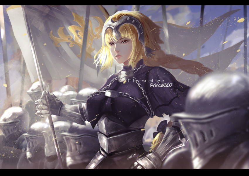 armor armored_dress army battle blonde_hair blue_bow blue_dress blue_eyes bow braid capelet chain closed_mouth dress fate/apocrypha fate/grand_order fate_(series) faulds flag gauntlets george_christian headpiece highres holding holding_flag holding_spear holding_weapon jeanne_d'arc_(fate) jeanne_d'arc_(fate)_(all) landscape long_braid long_hair plackart polearm single_braid soldier spear standard_bearer weapon