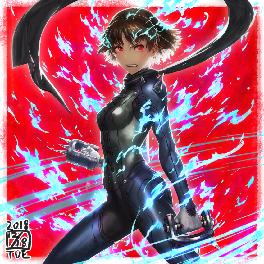 1girl aura black_scarf blue_bodysuit bodysuit breasts brown_hair clenched_hands clenched_teeth cowboy_shot dated fighting_stance from_side highres holding holding_weapon ikeda_(cpt) legs_apart looking_to_the_side medium_breasts niijima_makoto persona persona_5 persona_q2:_new_cinema_labyrinth persona_q_(series) red_background red_eyes scarf short_hair solo spikes standing teeth weapon