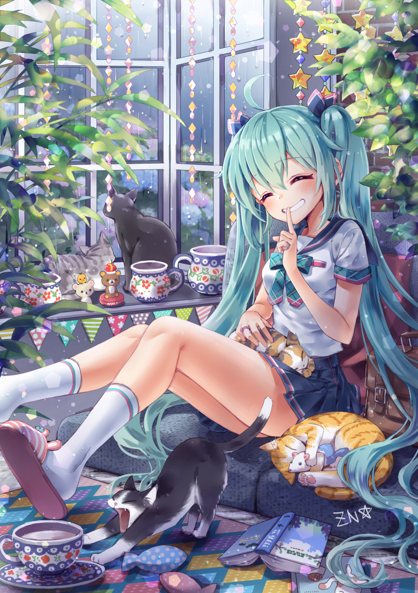 absurdres ahoge aqua_hair blush book bow bowtie brick_wall cat closed_eyes commentary_request cup eyebrows_visible_through_hair finger_to_mouth flower grin hair_between_eyes hatsune_miku highres hydrangea indoors jewelry long_hair pleated_skirt ring school_uniform serafuku sitting skirt slippers smile socks star stretch teacup twintails very_long_hair vocaloid window yawning zenyu