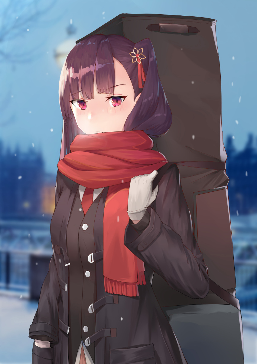 absurdres bangs black_coat black_legwear blazer blunt_bangs blurry blurry_background blush breath brown_hair buckle cityscape closed_mouth coat cold commentary eyebrows_visible_through_hair girls_frontline gloves hair_ornament hair_ribbon highres holding_strap jacket lamppost long_hair long_sleeves looking_at_viewer madao necktie one_side_up open_clothes open_coat outdoors pantyhose pinky_out purple_hair red_eyes red_neckwear red_scarf ribbon scarf snow snowflake_hair_ornament snowflake_print snowing solo sparkle standing sweatdrop tsurime very_long_hair wa2000_(girls_frontline) weapon_bag white_gloves window