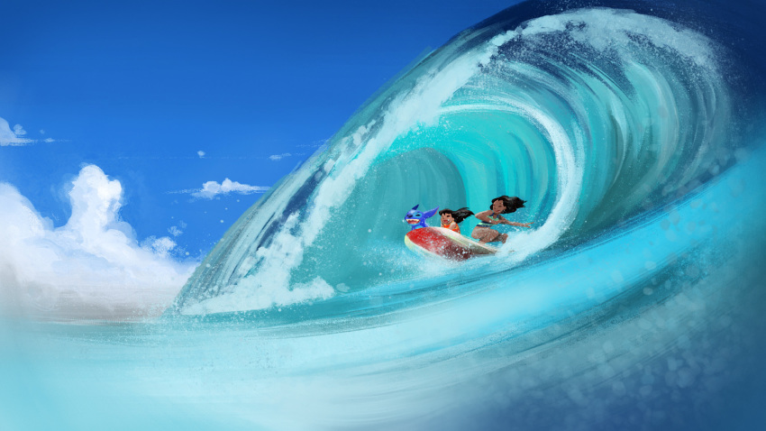 16:9 2017 alien black_hair blue_body blue_nose clothing dar_soriano disney experiment_(species) group hair happy hi_res human lilo_and_stitch lilo_pelekai long_hair mammal nani_pelekai one-piece_swimsuit open_mouth open_smile sea sky smile stitch surfboard surfing swimsuit wallpaper water wave