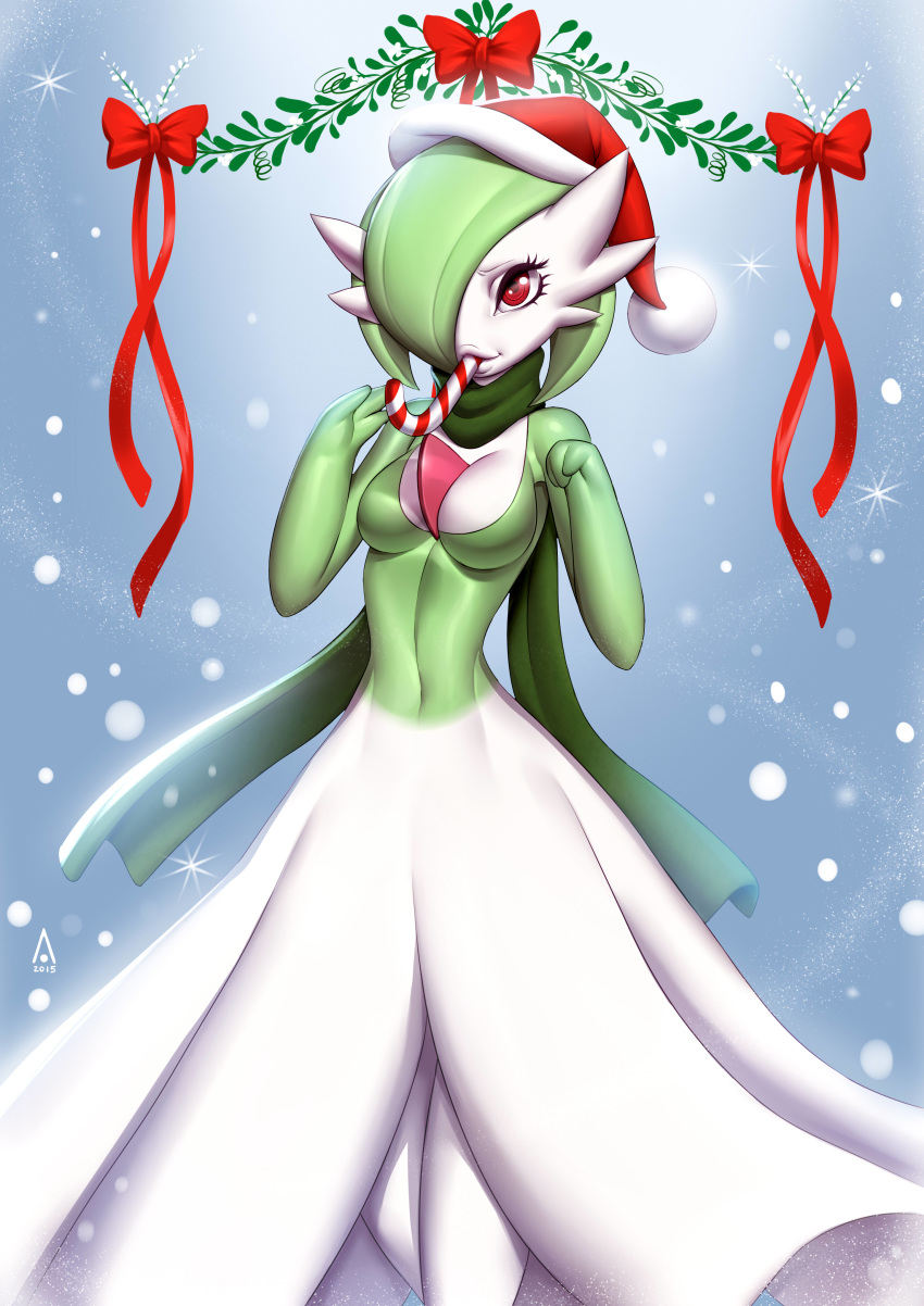 1girl alan_campos breasts candy candy_cane christmas gardevoir green_hair hair_over_one_eye hat looking_at_viewer medium_breasts pokemon red_eyes santa_hat scarf sexually_suggestive snowing solo