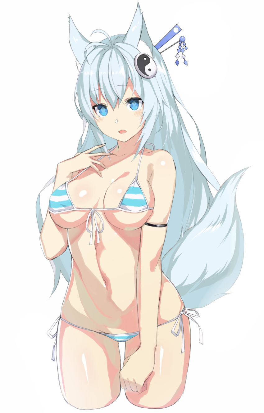 1girl absurdres animal_ears antenna_hair armlet bikini blue_eyes blush breasts cowboy_shot cropped_legs eyebrows_visible_through_hair fox_ears fox_tail front-tie_bikini front-tie_top hair_ornament hair_stick hand_on_own_chest highres large_breasts long_hair lowleg lowleg_bikini nakamura_nagare navel open_mouth original side-tie_bikini sidelocks silver_hair simple_background solo strap_gap string_bikini striped striped_bikini swimsuit tail white_background yin_yang