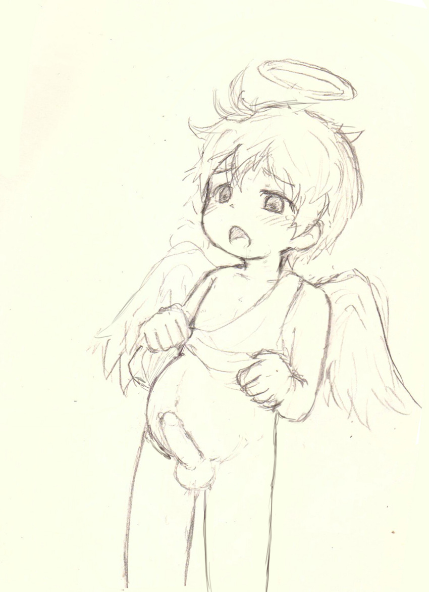 2016 angel balls blush bokustar_fox bottomless clothed clothing erection halo humanoid_penis male not_furry open_mouth penis simple_background sketch solo sota white_background wings young
