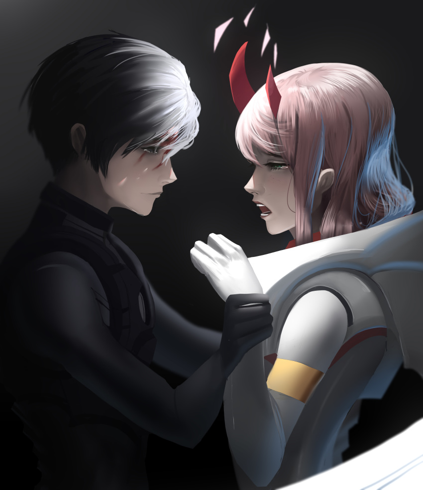 1girl absurdres asymmetrical_horns bangs black_bodysuit black_gloves black_hair blood blood_on_face blue_eyes bodysuit commentary couple darkzmonsty darling_in_the_franxx gloves green_eyes hair_ornament hairband hetero highres hiro_(darling_in_the_franxx) holding_another's_arm horns long_hair looking_at_another oni_horns pilot_suit pink_hair red_horns tears white_bodysuit white_gloves white_hairband zero_two_(darling_in_the_franxx)