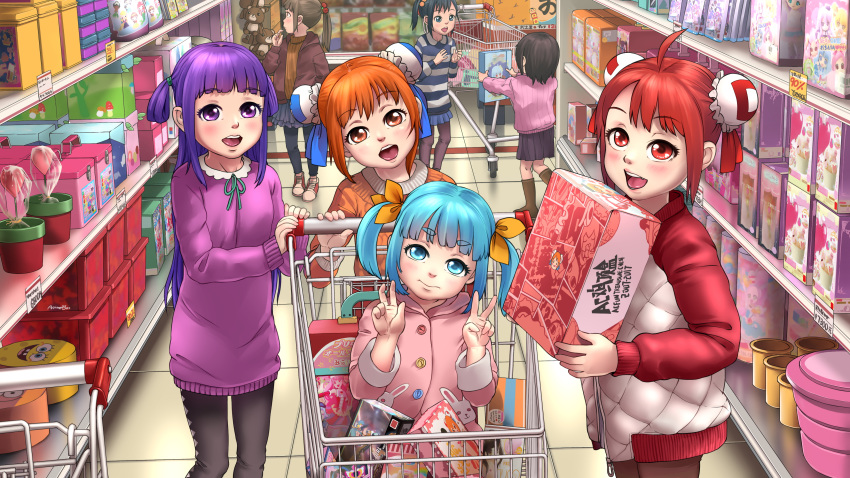 6+girls a-801 blue_hair blush brown_hair flat_chest looking_at_viewer multiple_girls public purple_hair red_hair shop store tagme toy zenra