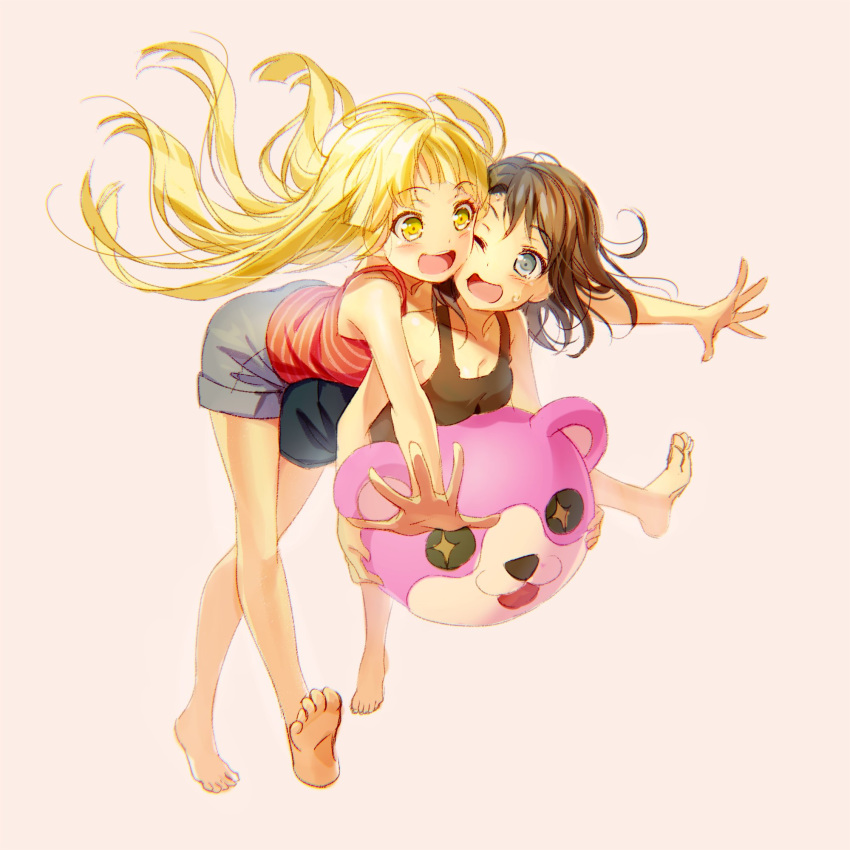 2girls :d ;d bang_dream! bangs barefoot black_hair black_tank_top blonde_hair blue_eyes breasts cheek-to-cheek cleavage commentary_request eyebrows_visible_through_hair glomp highres holding hug hug_from_behind izu_(izzzzz27) long_hair mascot_head medium_breasts medium_hair michelle_(bang_dream!) multiple_girls okusawa_misaki one_eye_closed open_mouth person_on_back pink_background red_tank_top shorts simple_background smile striped striped_tank_top sweatdrop tank_top tsurumaki_kokoro yellow_eyes