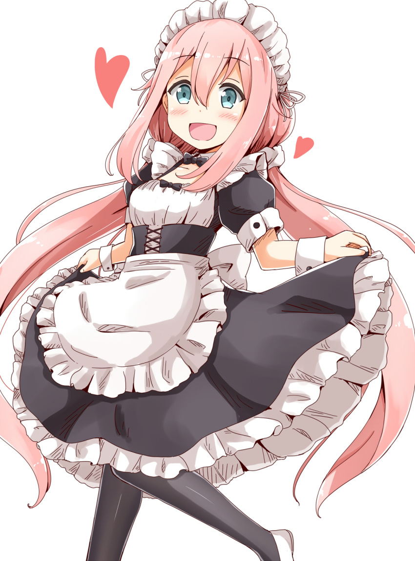 :d aikawa_ryou alternate_costume apron bangs black_dress black_legwear blue_eyes blush commentary_request dress enmaided eyebrows_visible_through_hair frilled_apron frilled_dress frills hair_between_eyes heart highres kagamihara_nadeshiko long_hair looking_at_viewer low_twintails maid maid_headdress open_mouth pantyhose pink_hair puffy_short_sleeves puffy_sleeves shoes short_sleeves sidelocks simple_background skirt_hold smile solo standing standing_on_one_leg twintails very_long_hair white_apron white_background white_footwear wrist_cuffs yurucamp
