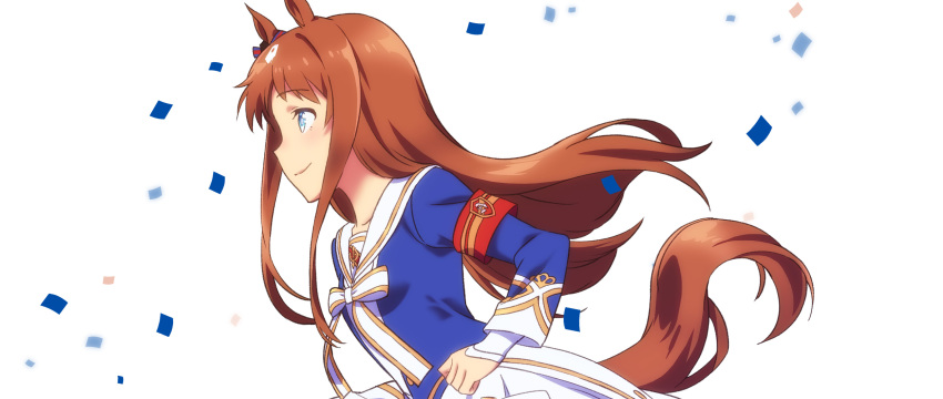 animal_ears armband artist_request blue_eyes brown_hair confetti eyebrows_visible_through_hair from_side gold_trim grass_wonder hair_ribbon highres horse_ears horse_girl horse_tail long_hair multicolored_hair neck_ribbon official_art profile ribbon simple_background solo tail two-tone_hair umamusume white_background