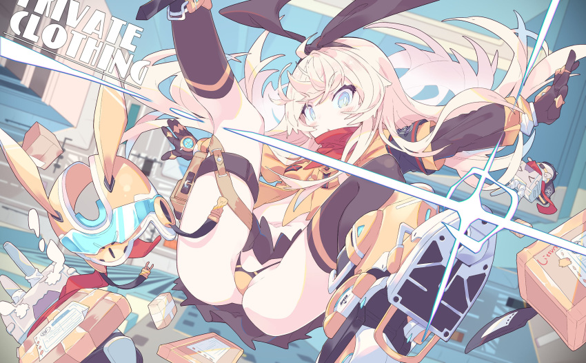 alternate_costume ass black_gloves black_skirt blonde_hair blue_eyes blush box breasts eyebrows_visible_through_hair floating_hair gloves highres kantai_collection litsvn long_hair miniskirt outstretched_arms parted_lips pleated_skirt rensouhou-chan shimakaze_(kantai_collection) skirt small_breasts solo spread_arms