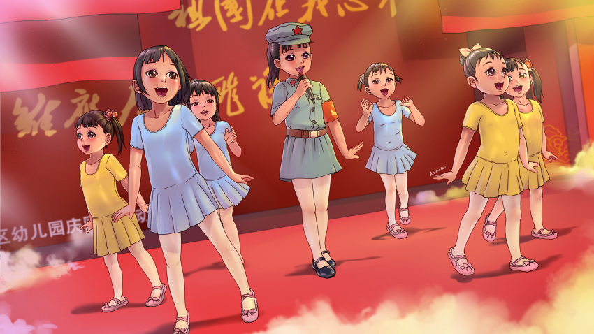 6+girls a-801 band brown_hair cap copyright_request dress flat_chest hat highres loli mary_janes microphone multiple_girls pageant ponytail singing slippers smile stage standing thigh_gap translation_request