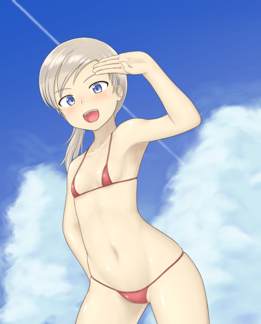 armpits bikini blonde_hair blue_eyes blue_sky breasts cloud day groin hand_on_hip highres looking_at_viewer martina_crespi micro_bikini navel nyarukac open_mouth ponytail red_bikini sky small_breasts smile solo strike_witches swimsuit world_witches_series