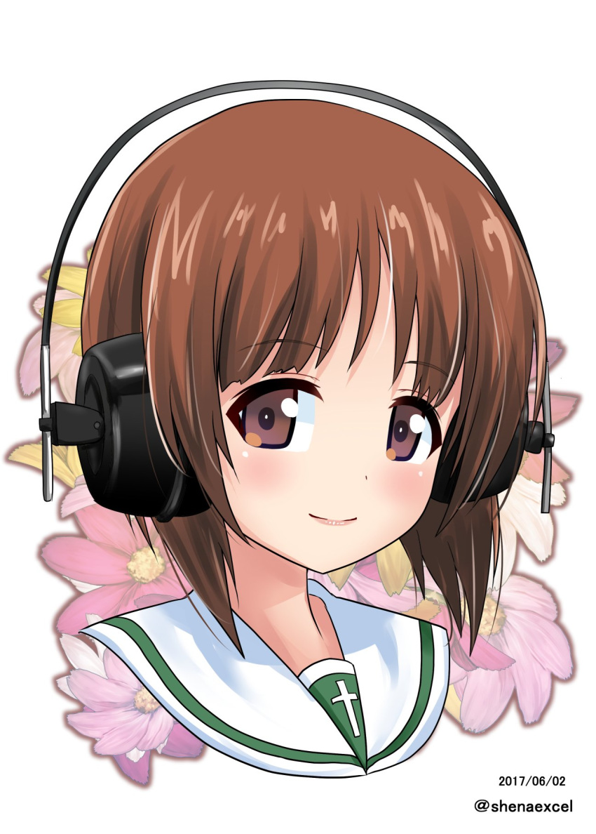 bangs brown_eyes brown_hair closed_mouth commentary cropped_neck dated excel_(shena) eyebrows_visible_through_hair floral_background flower_request girls_und_panzer headphones highres looking_at_viewer nishizumi_miho ooarai_school_uniform portrait school_uniform serafuku short_hair smile solo twitter_username white_background