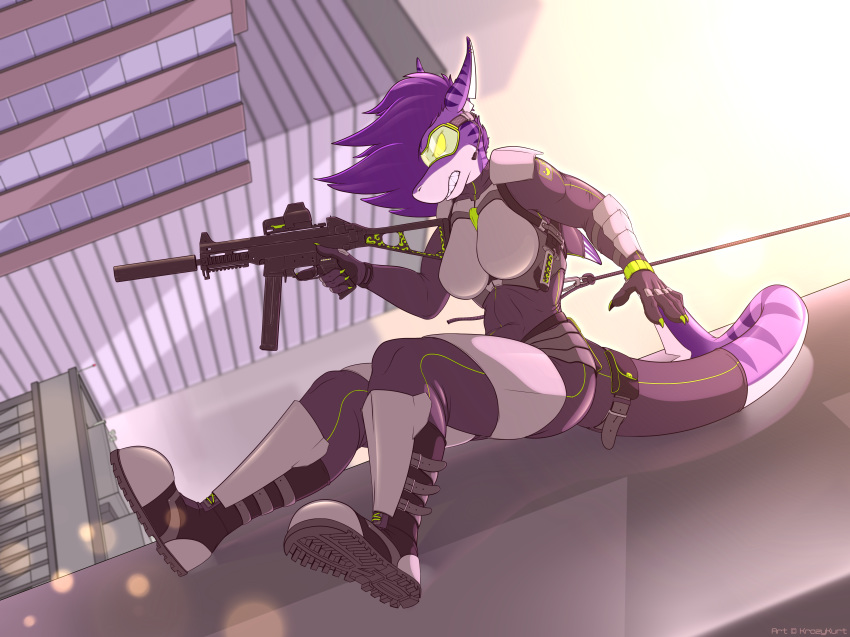 2018 5_fingers absurd_res angry anthro armor assault battle big_(disambiguation) big_breasts bodysuit boots breasts building catsuit_(disambiguation) city claws clothed clothing detailed_background digital_media_(artwork) ear_piercing eyewear female fin fish footwear glasses gloves hair hi_res holding_object holding_weapon krazykurt legwear long_hair marine melee_weapon military naiva_smith open_mouth piercing plate ranged_weapon shark shiny skinsuit sky solo stripes suit teeth tight_clothing tight_suit weapon wide_hips window