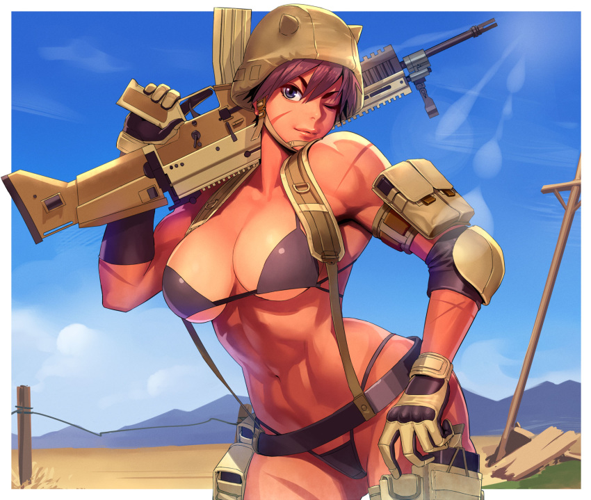 ;) arm_pouch arm_strap assault_rifle bangs bare_shoulders belt belt_pouch bikini black_belt black_bikini black_gloves blue_eyes blue_sky border breasts brown_gloves brown_hat cleavage closed_mouth cloud collarbone commentary_request contrapposto cowboy_shot day dessert elbow_gloves elbow_pads facial_scar fn_scar food gloves gun hair_between_eyes hat highleg highleg_bikini highres holding holding_gun holding_weapon horned_headwear index_finger_raised large_breasts lens_flare light_rays looking_at_viewer mountain mountainous_horizon navel ogami one_eye_closed oni orange_skin original outdoors outside_border over_shoulder pouch power_lines purple_hair rifle scar shiny shiny_hair short_hair single_elbow_glove sky smile solo standing stomach strap string_bikini sunbeam sunlight swimsuit toned trigger_discipline weapon weapon_over_shoulder white_border wood
