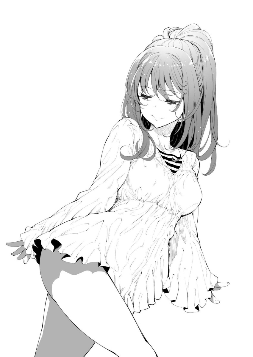 akino_sora bangs breasts closed_mouth commentary_request copyright_request dress from_side greyscale half-closed_eyes highres large_breasts long_hair long_sleeves looking_down monochrome ponytail shirt short_dress simple_background sleeves_past_wrists smile solo standing striped striped_shirt white_background
