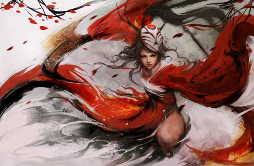 akali alternate_costume antlers blood_moon_akali chinese_clothes commentary dual_wielding eyeliner flat_chest hair_ribbon high_ponytail holding kama_(weapon) league_of_legends lips long_hair looking_at_viewer makeup mask mask_on_head messy_hair muju nose realistic ribbon sickle solo very_long_hair weapon wide_sleeves yellow_eyes