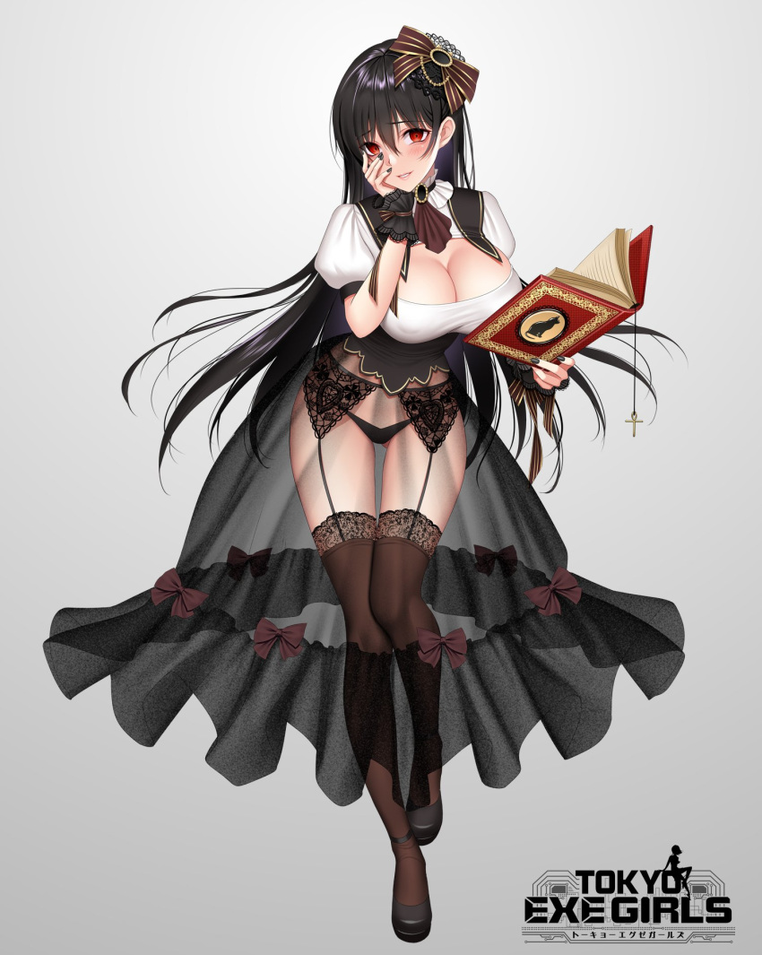 bangs black_hair black_legwear black_panties blush book bow breasts cleavage cleavage_cutout commentary_request covered_nipples dress eyebrows_visible_through_hair fingernails full_body garter_belt garter_straps gradient gradient_background hair_bow highres holding large_breasts lips long_hair long_skirt looking_at_viewer nail_polish official_art open_book panties parted_lips puffy_sleeves red_eyes ribbon_trim see-through shimashima08123 shoes short_sleeves skirt smile solo standing tokyo_exe_girls underwear wrist_cuffs