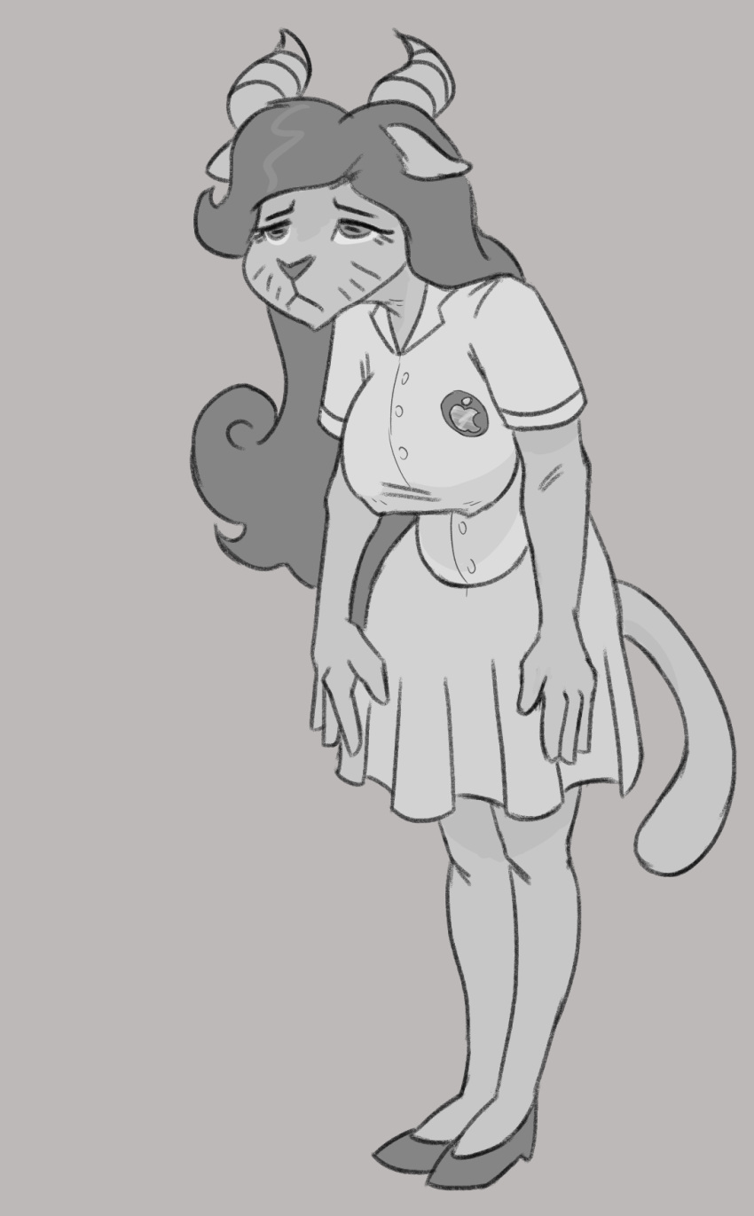 2019 4_fingers anthro big_breasts bovid breasts caprine cartoon_network chun-ni clothed clothing domestic_cat felid feline felis female frown fusion goat hair horn long_hair mammal miracle_star monochrome nipple_bulge skirt solo standing stupidgnoll the_amazing_world_of_gumball whiskers