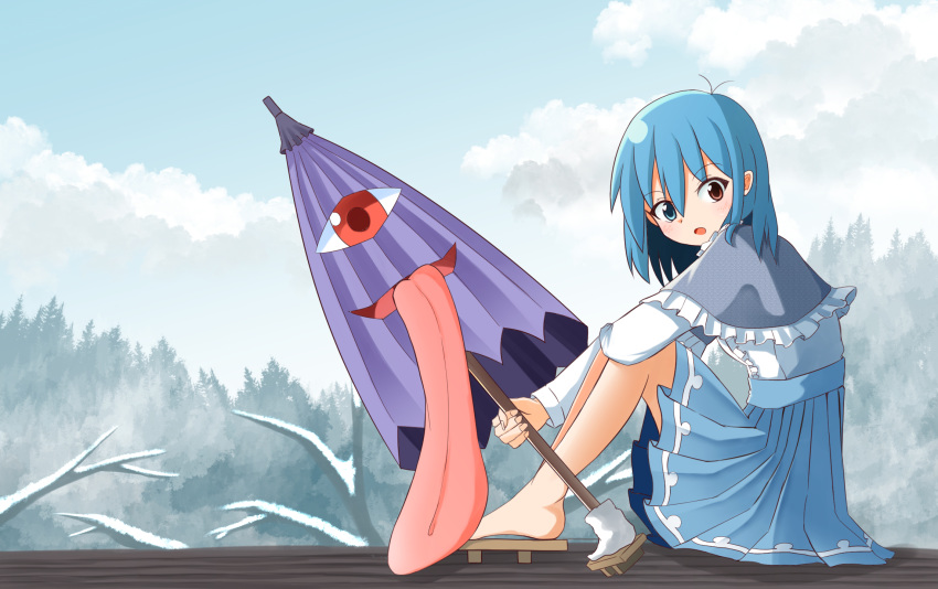 :o alternate_costume arm_on_knee bangs blouse blue_eyes blue_hair blue_skirt blue_sky blush capelet cloud commentary_request day eyebrows_visible_through_hair fingernails forest geta hair_between_eyes heterochromia highres holding holding_umbrella isetan_mashira karakasa_obake knees_up long_sleeves looking_at_viewer nature open_mouth outdoors pleated_skirt red_eyes short_hair sitting skirt sky snow solo tatara_kogasa tongue tongue_out touhou tree_branch umbrella white_blouse