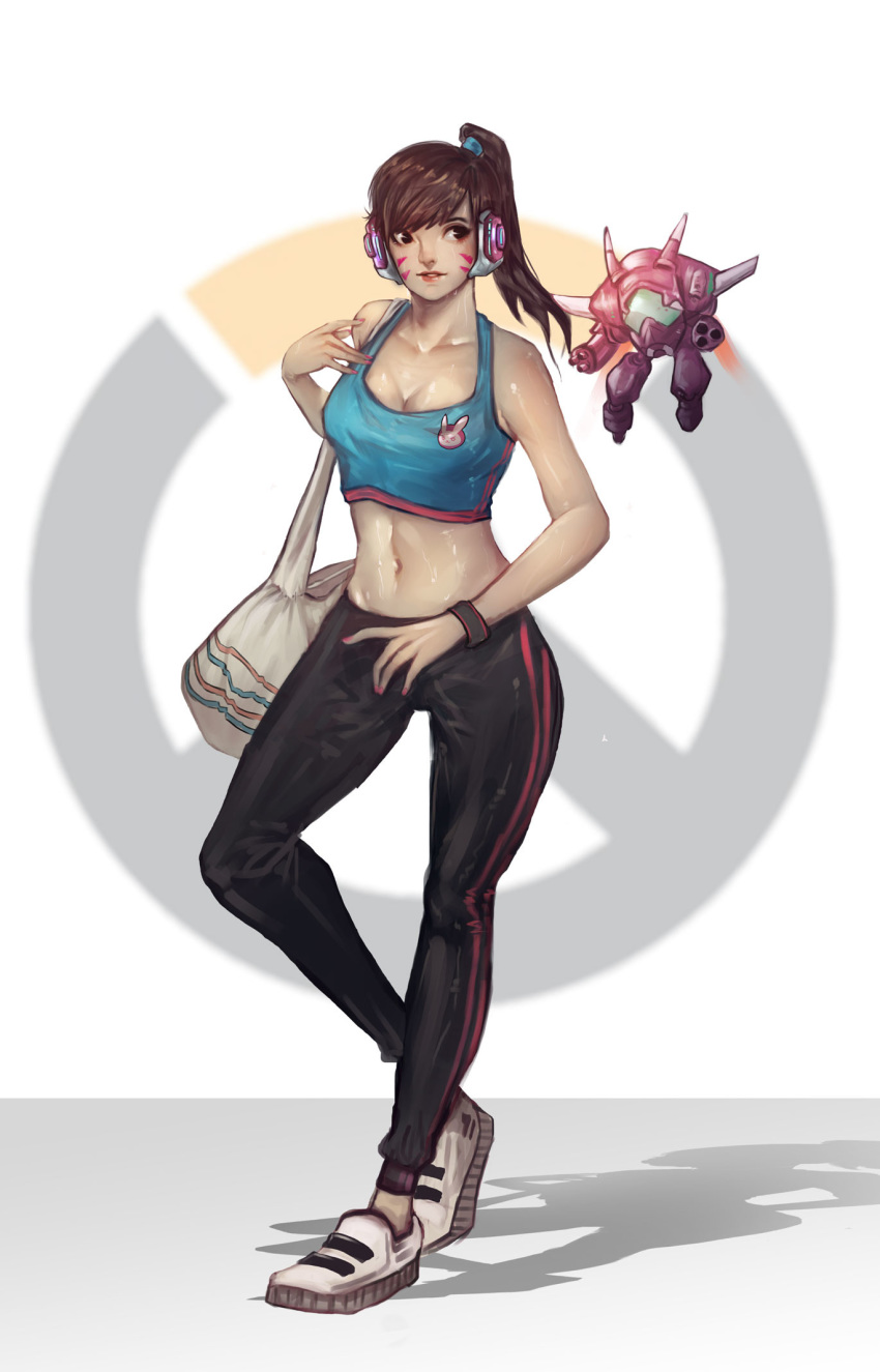 alternate_hairstyle animal_print arm_cannon bag bangs bare_shoulders black_pants blue_shirt breasts brown_eyes brown_hair bunny_print cleavage collarbone commentary crop_top d.va_(overwatch) facepaint facial_mark fingernails full_body gatling_gun gun hair_ornament hair_tie hand_up headphones high_ponytail highres leg_up looking_to_the_side mecha medium_breasts meka_(overwatch) nail_polish nose overwatch pants parted_lips pink_lips pink_nails shadow shirt shoes shoulder_bag sleeveless smile solo standing standing_on_one_leg sweat tank_top track_pants trung_doan weapon whisker_markings white_footwear wristband