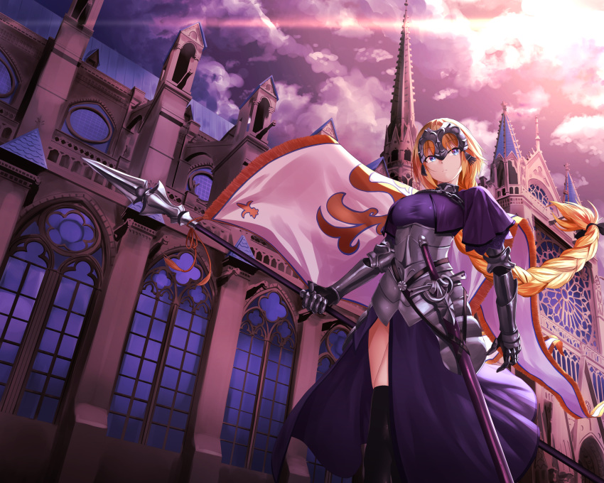 armor armored_dress blonde_hair blue_eyes braid breasts building capelet chain city cityscape cloud commentary_request dusk eyebrows_visible_through_hair fate/apocrypha fate/grand_order fate_(series) faulds flag from_below gauntlets headpiece highres holding holding_flag jeanne_d'arc_(fate) jeanne_d'arc_(fate)_(all) large_breasts long_braid long_hair oekakizuki outdoors plackart scenery sheath sheathed single_braid sky standard_bearer sunlight sunset sword thighhighs thighs weapon