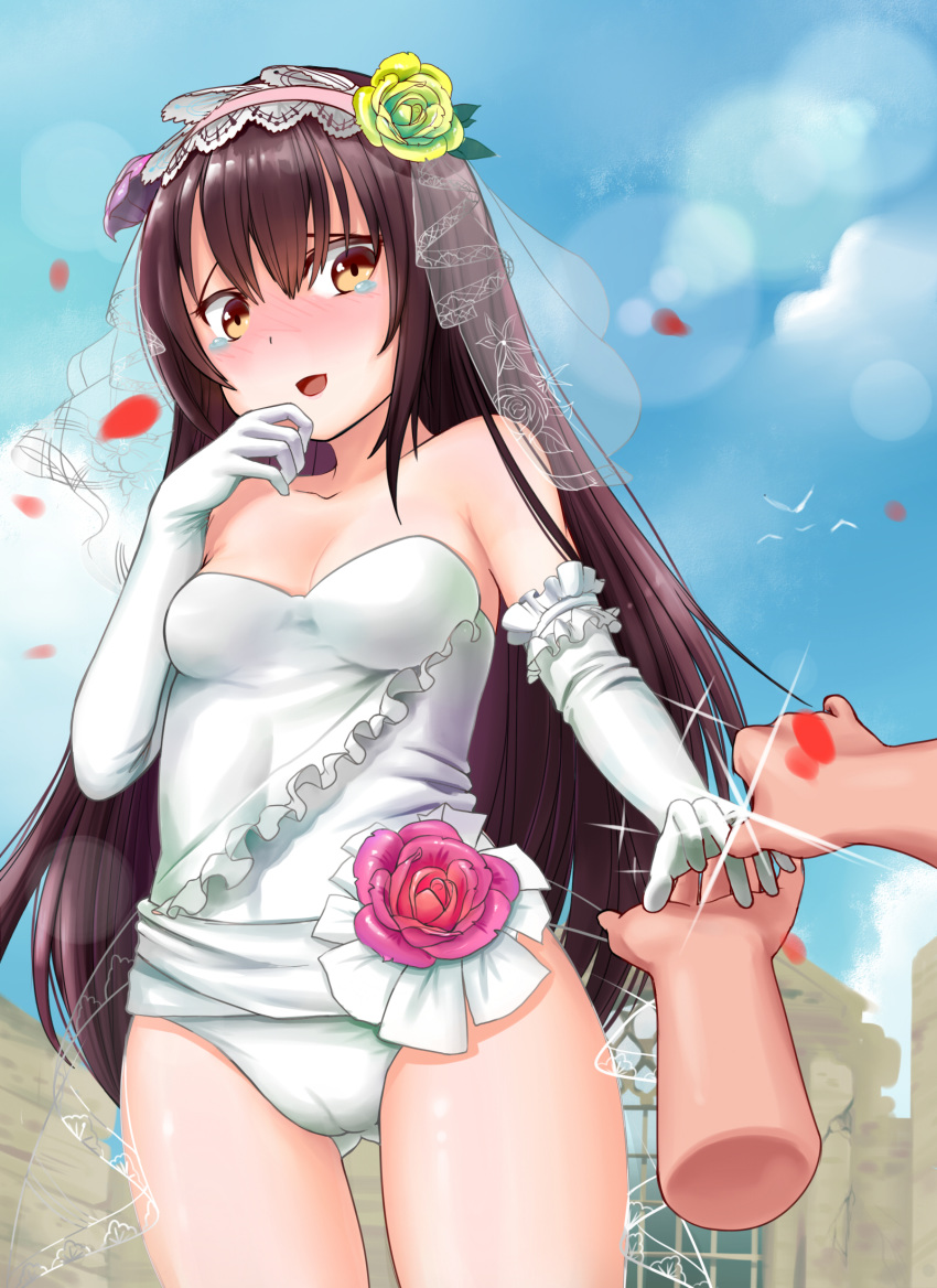 :d ass_visible_through_thighs bangs bare_shoulders bird blue_sky blush breasts bridal_veil brown_eyes brown_hair cameltoe cloud collarbone day disembodied_limb elbow_gloves floral_print flower girls_frontline glint gloves green_flower green_rose hair_between_eyes hair_flower hair_ornament hand_to_own_mouth hand_up highres jewelry long_hair medium_breasts nose_blush note2000 nz_75_(girls_frontline) open_mouth outdoors petals pink_flower pink_rose ring rose rose_print see-through sky smile solo_focus sparkle tears veil very_long_hair wedding_band white_gloves