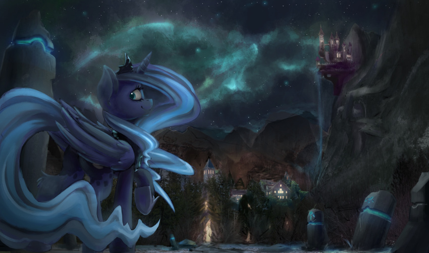 2018 blue_feathers blue_hair blvckmagic building castle city crown cute cutie_mark detailed_background equine eyelashes feathered_wings feathers female feral friendship_is_magic hair hi_res hooves horn long_hair looking_back mammal mountain my_little_pony nebula night nude outside portrait princess_luna_(mlp) raised_leg rear_view scenic sky smile solo standing star starry_sky stone teal_eyes tree underhoof water waterfall winged_unicorn wings