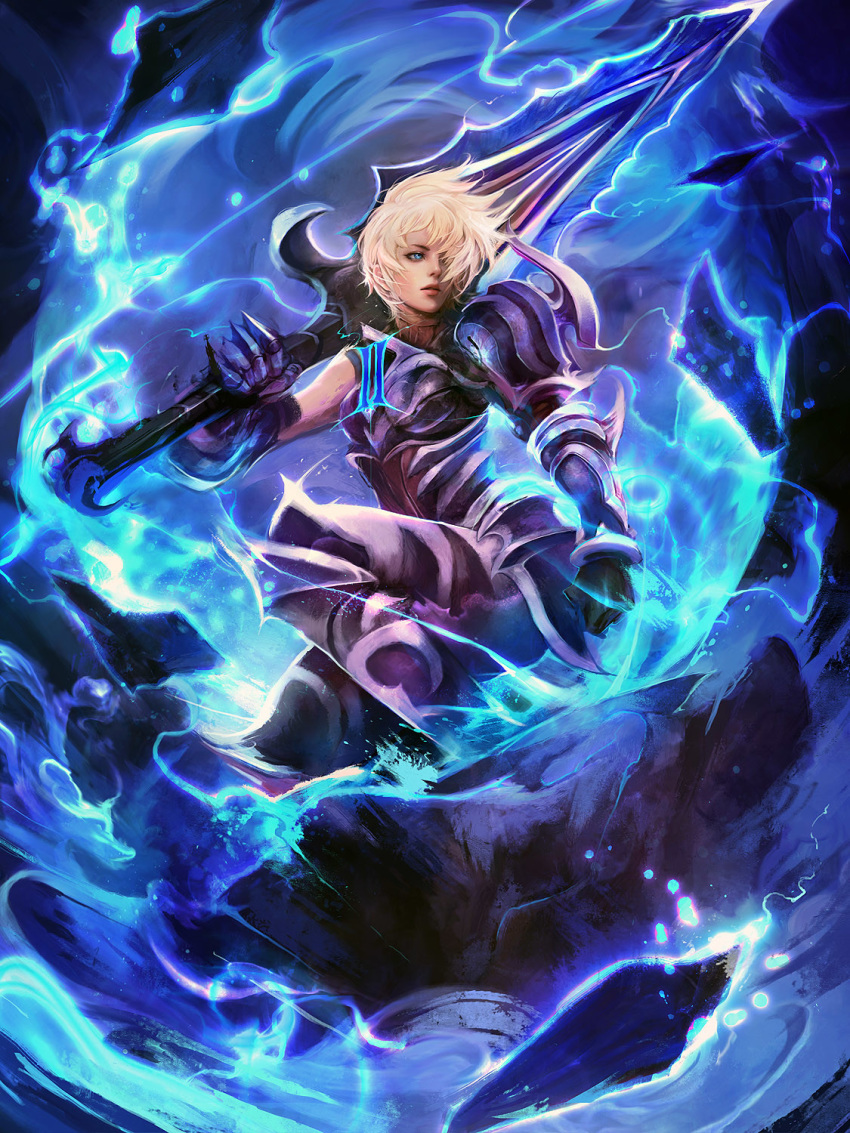 alternate_costume armor black_gloves blonde_hair blue_eyes blue_fire championship_riven clenched_hand commentary fire full_armor gauntlets gloves hair_over_one_eye highres league_of_legends lips muju nose over_shoulder riven_(league_of_legends) short_hair solo sword sword_over_shoulder weapon weapon_over_shoulder