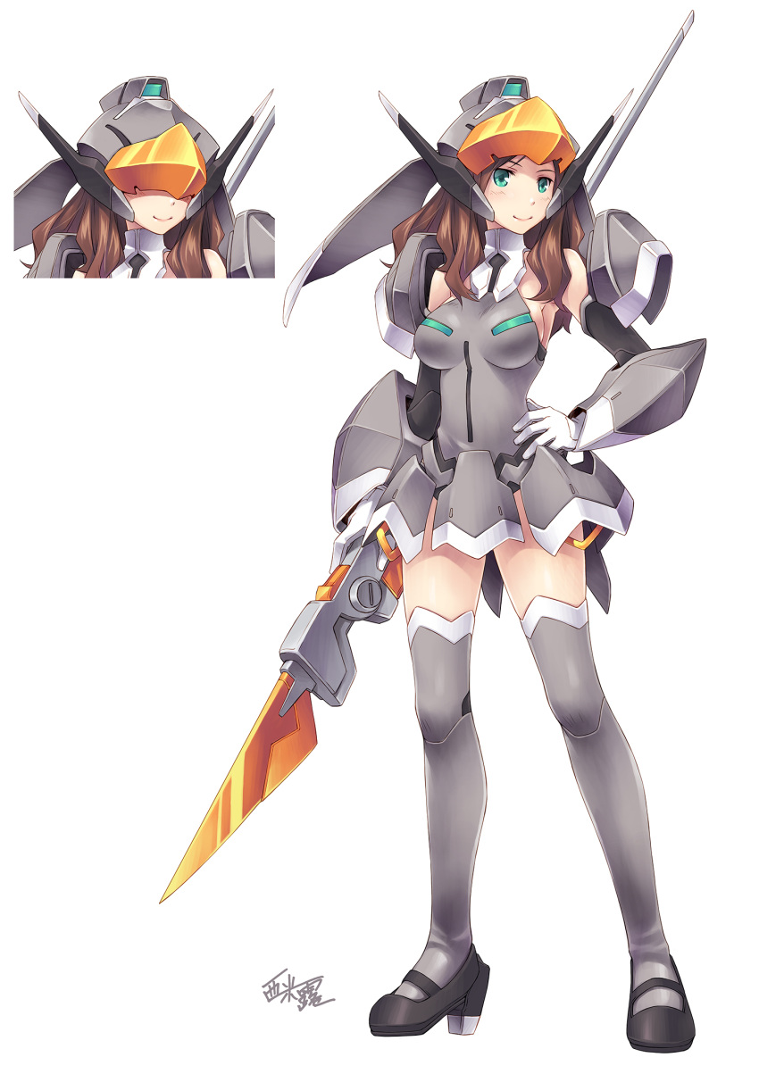 alternate_breast_size aqua_eyes black_footwear breasts brown_hair darling_in_the_franxx full_body gloves grey_legwear hand_on_hip helmet high_heels highres holding_polearm long_hair mary_janes mecha_musume medium_breasts nana_(darling_in_the_franxx) shoes simelu smile thighhighs weapon white_gloves