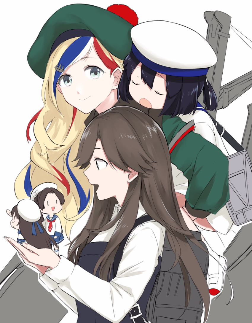 :d anchor_hair_ornament arashio_(kantai_collection) beret blonde_hair blue_eyes blue_hair brown_hair carrying commandant_teste_(kantai_collection) commentary_request daitou_(kantai_collection) fairy_(kantai_collection) hair_ornament hat highres kantai_collection long_hair long_sleeves looking_at_another looking_at_viewer looking_away morinaga_miki multicolored_hair multiple_girls necktie open_mouth piggyback pom_pom_(clothes) ponytail profile red_hair remodel_(kantai_collection) rigging sailor_collar school_uniform serafuku shoes simple_background skilled_lookouts_(kantai_collection) sleeping smile streaked_hair uwabaki white_background white_hair