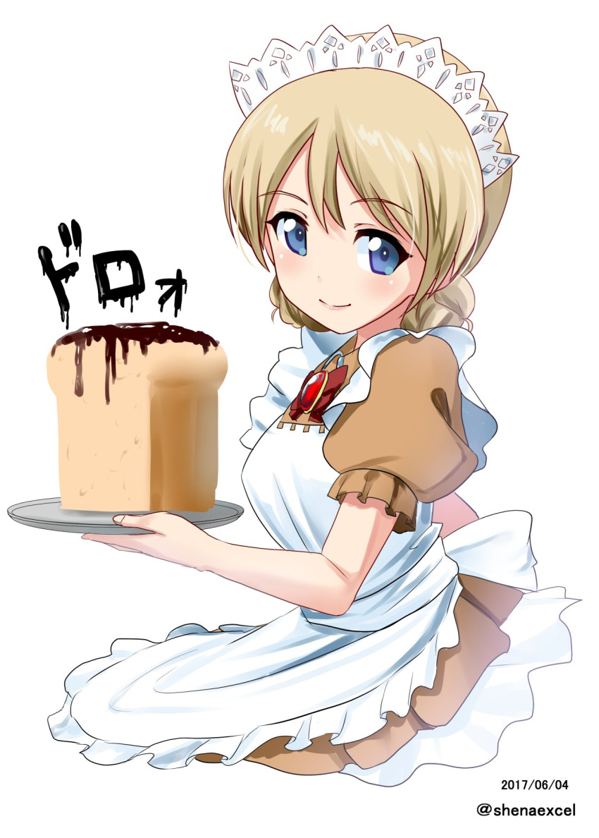 alternate_costume apron bangs blonde_hair blue_eyes braid bread brooch brown_dress chocolate_syrup closed_mouth collared_dress commentary darjeeling dated dress enmaided excel_(shena) eyebrows_visible_through_hair food girls_und_panzer highres holding jewelry looking_at_viewer maid maid_apron maid_headdress puffy_short_sleeves puffy_sleeves short_hair short_sleeves simple_background smile solo standing tied_hair translated tray twin_braids twitter_username white_apron white_background