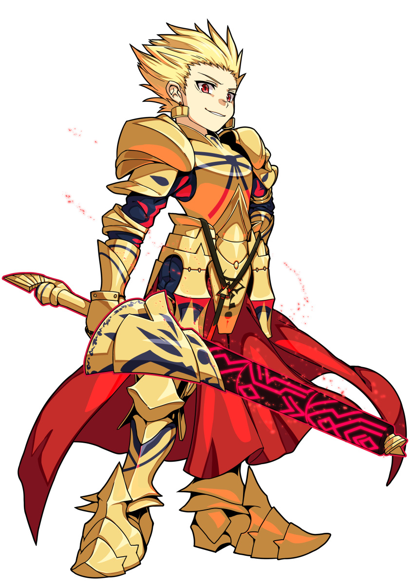 absurdres armor blonde_hair boots ea_(fate/stay_night) earrings fate/stay_night fate_(series) full_body gilgamesh gold_armor hand_on_hip highres holding holding_sword holding_weapon jewelry looking_at_viewer male_focus mioshi_(vixis340) red_eyes smile solo standing sword transparent_background weapon