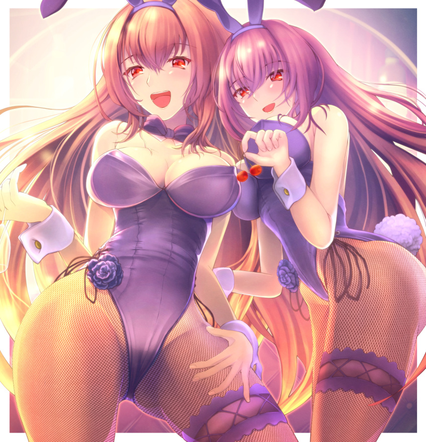 :d animal_ears bare_shoulders blush bow bowtie breasts bunny_ears bunny_tail bunnysuit cherry cleavage commentary_request detached_collar fake_animal_ears fate/grand_order fate_(series) fishnet_pantyhose fishnets food fruit hairband highleg highleg_leotard highres large_breasts leg_garter leotard long_hair looking_at_viewer multiple_girls open_mouth pakupaku_choppu pantyhose purple_hair purple_leotard red_eyes scathach_(fate)_(all) scathach_(fate/grand_order) scathach_skadi_(fate/grand_order) smile strapless strapless_leotard tail wrist_cuffs