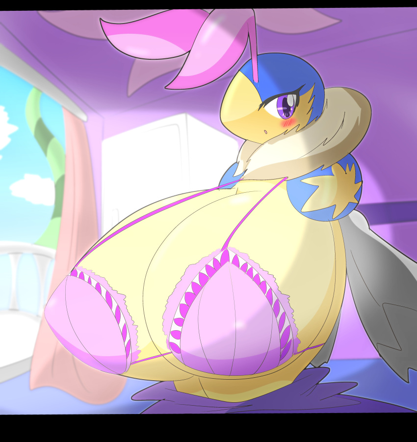 armless arthropod balcony bee big_breasts bikini blue_skin breasts clothing detailed_background feather_boa female huge_breasts hyper hyper_breasts insect kirby_(series) nintendo open_mouth purple_eyes queen_sectonia reitounek solo swimsuit video_games yellow_skin