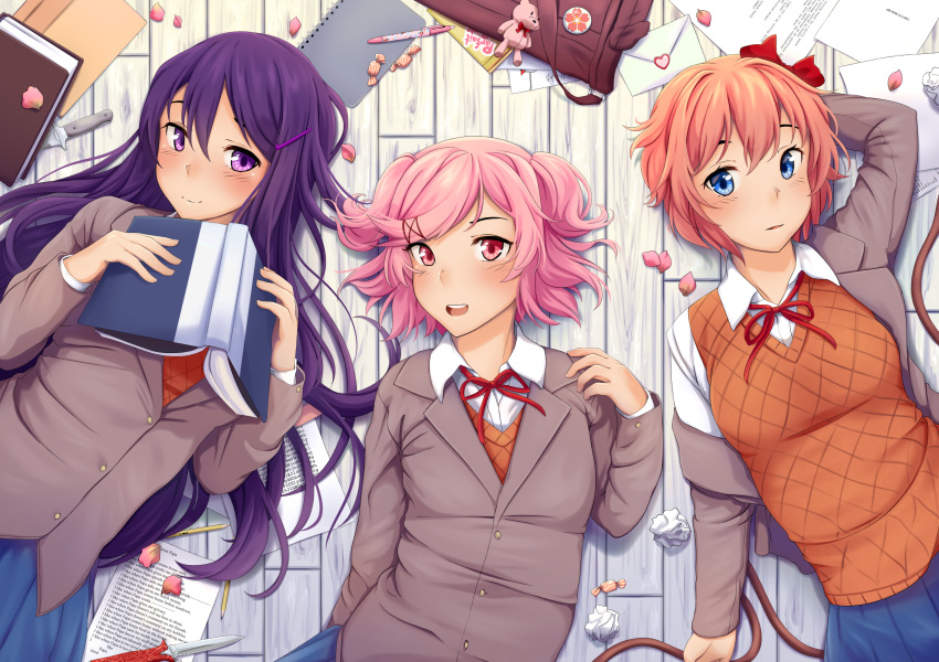 :d absurdres arm_behind_head badge bag blue_eyes book bow candy commentary crumpled_paper doki_doki_literature_club english_commentary food from_above hair_between_eyes hair_bow hair_ornament hairclip highres holding holding_book knife letter long_hair love_letter lying multiple_girls natsuki_(doki_doki_literature_club) on_back on_floor open_mouth paper parted_lips pen pencil petals pink_hair poem purple_eyes purple_hair red_bow red_eyes rope sayori_(doki_doki_literature_club) school_uniform short_hair smile tiri two_side_up very_long_hair wooden_floor yuri_(doki_doki_literature_club)
