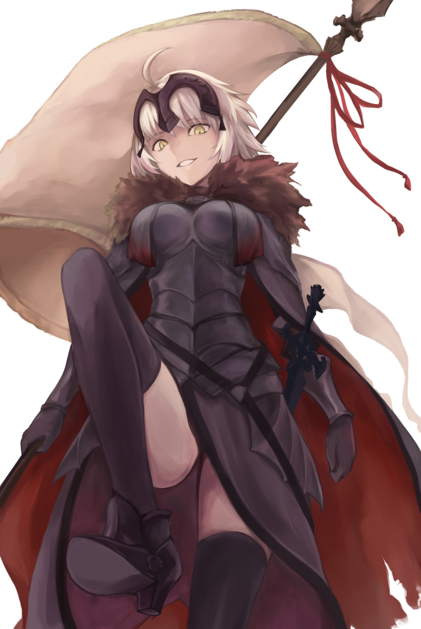 ahoge armor armored_dress banner bk201 black_dress black_gloves black_legwear breasts cape dress eyebrows_visible_through_hair fate/grand_order fate_(series) from_below gloves grin high_heels highres holding holding_weapon jeanne_d'arc_(alter)_(fate) jeanne_d'arc_(fate)_(all) looking_at_viewer medium_breasts sheath sheathed short_hair silver_hair simple_background smile solo sword thighhighs weapon white_background yellow_eyes