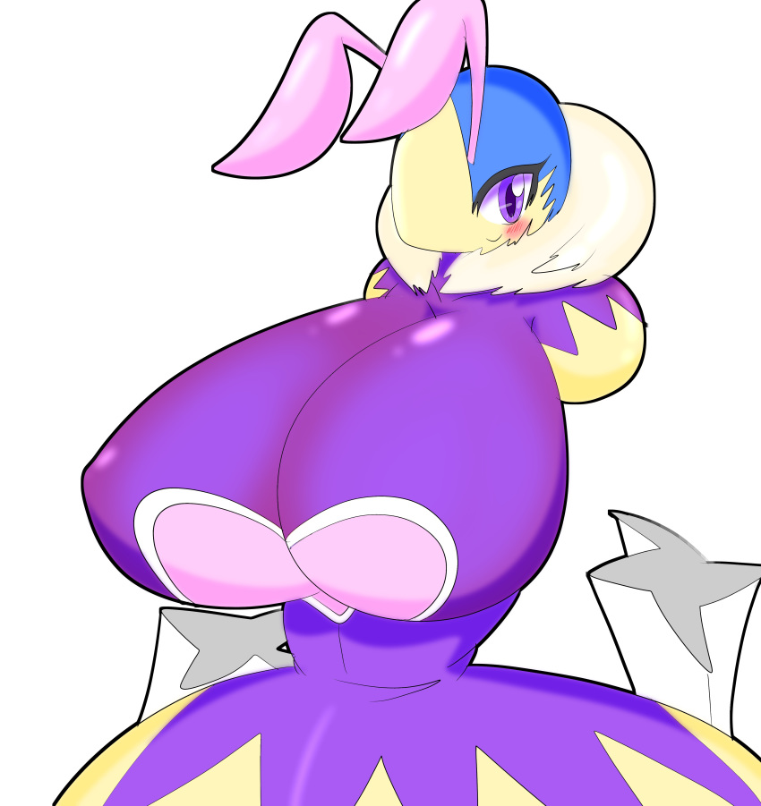 &lt;3 arthropod bee big_breasts blue_skin blush breasts feather_boa female floating_hands huge_breasts hyper hyper_breasts insect kirby_(series) nintendo non-mammal_breasts purple_eyes queen_sectonia reitounek simple_background solo video_games white_background yellow_skin