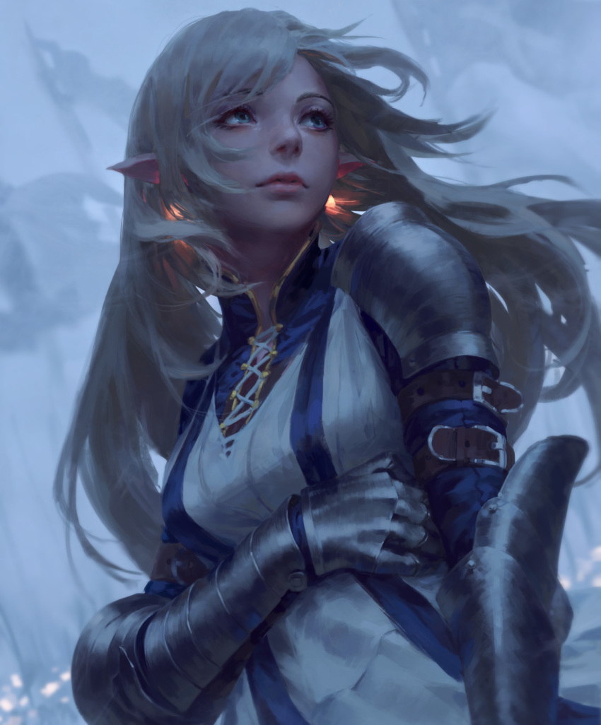 arm_under_breasts bangs blonde_hair blue_eyes breast_hold breasts commentary eyebrows_visible_through_hair gauntlets guweiz highres long_hair looking_away medium_breasts original parted_lips pointy_ears shoulder_armor simple_background solo