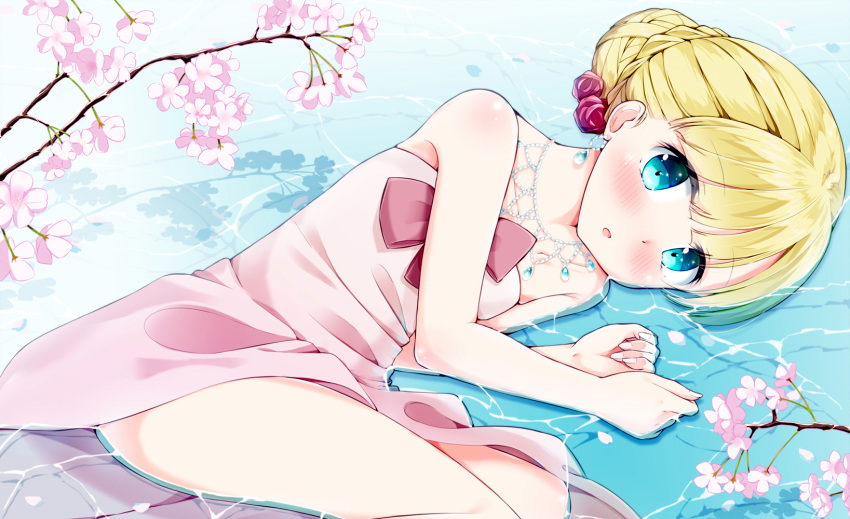 bare_shoulders blonde_hair blue_eyes blush bow braid cherry_blossoms chestnut_mouth dress earrings hair_bun hair_up highres jewelry looking_at_viewer lying necklace on_side pink_dress reflection solo tada-kun_wa_koi_wo_shinai teresa_wagner wari_(nirodo26) water
